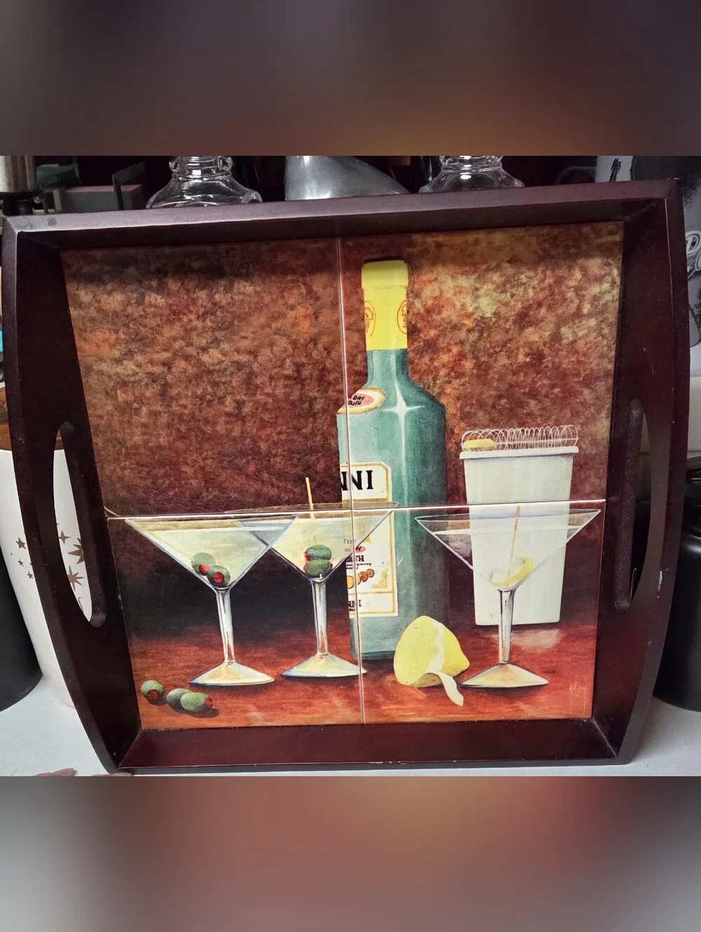 Tracy Flickinger for Certified Int'l Wooden Serving Tray Martini Cocktail